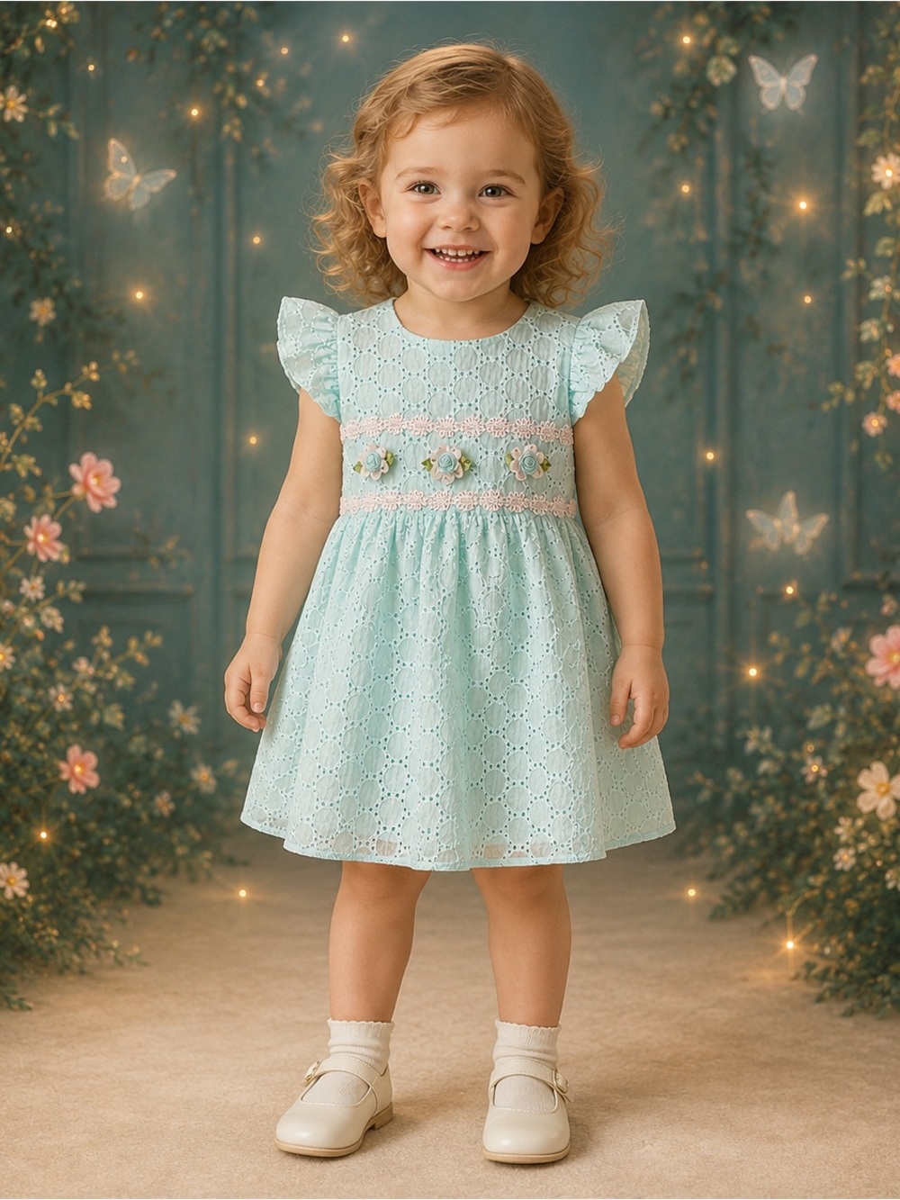 Iris & Ivy Girls 2T Mint Eyelet Rosette Flutter Sleeve Dress